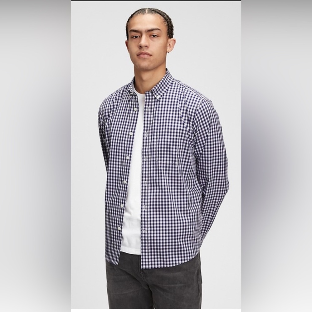 Old Navy Mens Everyday Shirt‎ Slim Fit Built-In Flex Gingham Navy White Large
